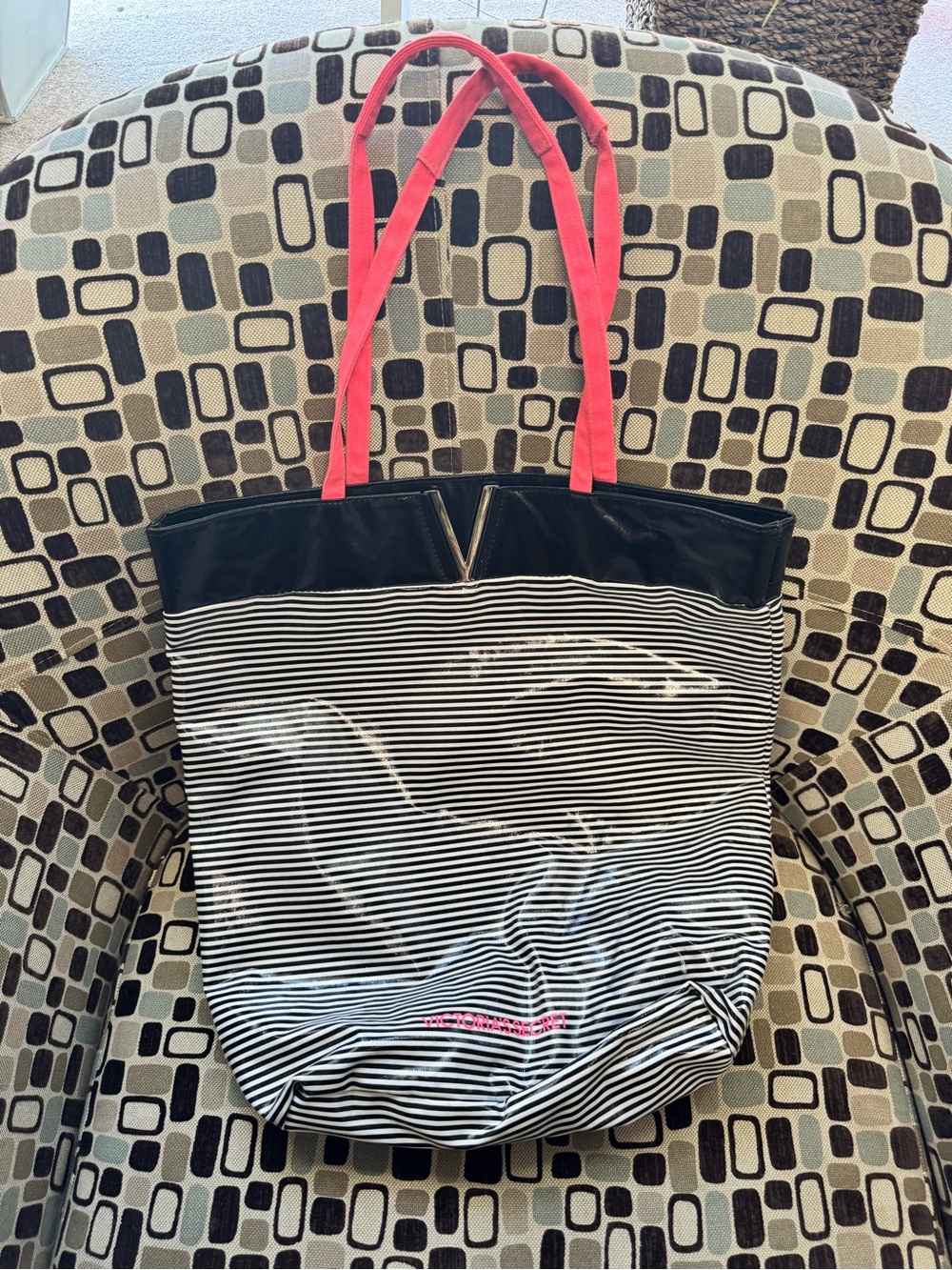 Striped Black & White Tote with Pink Handles